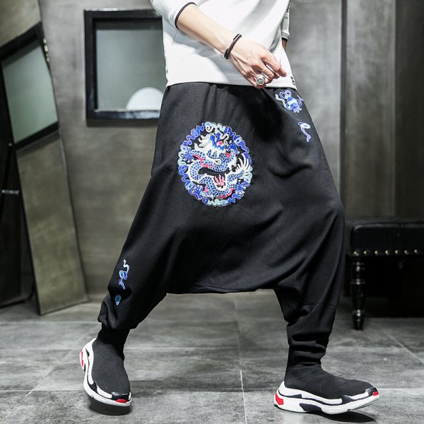 Autumn Country ChaoLong Embroidery Casual Pants Loose Plus Fat Plus Size Straight Tube Low Crotch Span Pants