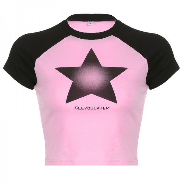 Contrast Raglan Sleeve Gradient Star Print American Sporty Casual Short Sleeve