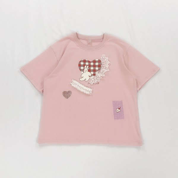 Love Bunny Print Lace Patchwork Short Sleeve T-Shirt