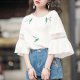 Fashion Half-Sleeved Hollow Lace Flared Sleeve Top Women Loose Short-Sleeved Bottoming T-Shirt