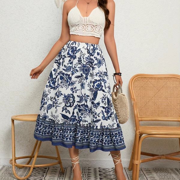 Bohemian Blue And White Porcelain Printed A- Line Skirt