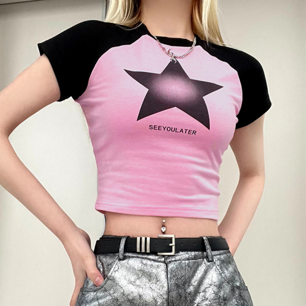 Contrast Raglan Sleeve Gradient Star Print American Sporty Casual Short Sleeve